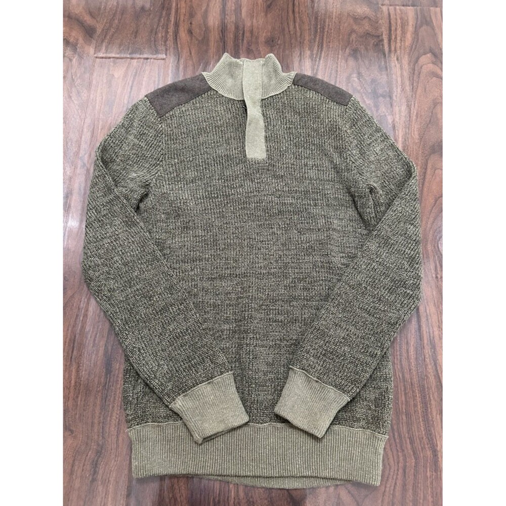 Banana Republic Cable Knit Olive Quarter-Zip Sweater with Contrast Shoulders